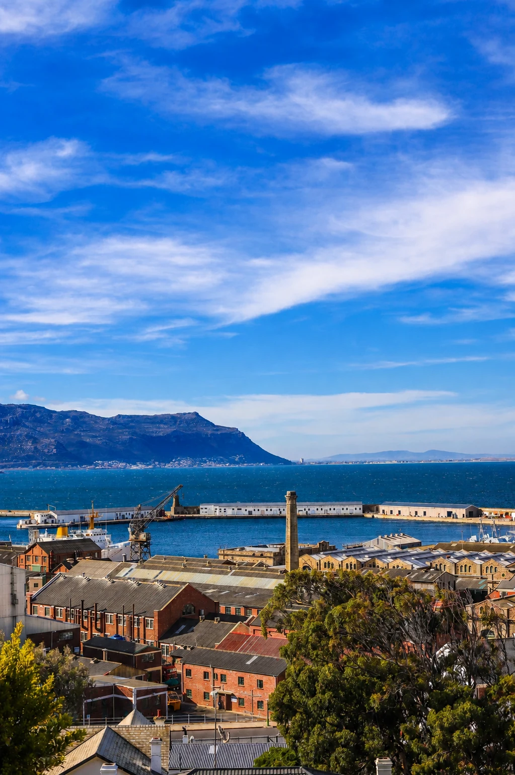 Simon's Town harbour, False Bay, mountains and foreground vegetation viewed from Chiduku